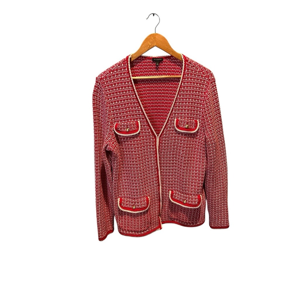 Talbots  Tipped Tweed‎ Knit Sweater Cardigan  Jacket Sz Large L Red Gold Button